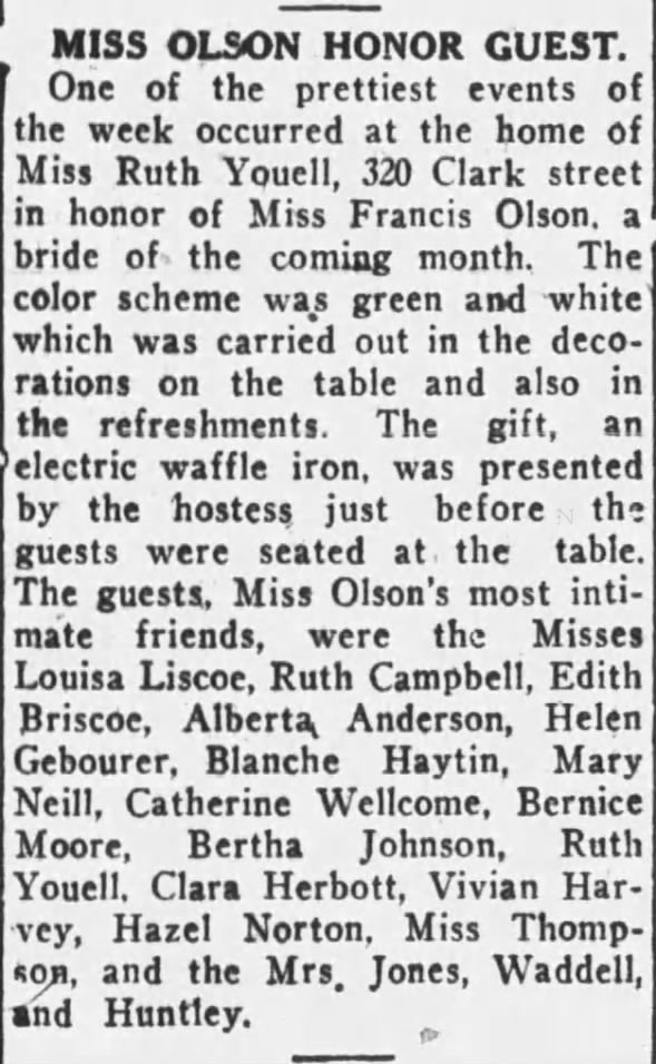 Miss Hazel Norton at bridal shower, Helena, Montana, 27 May 1923